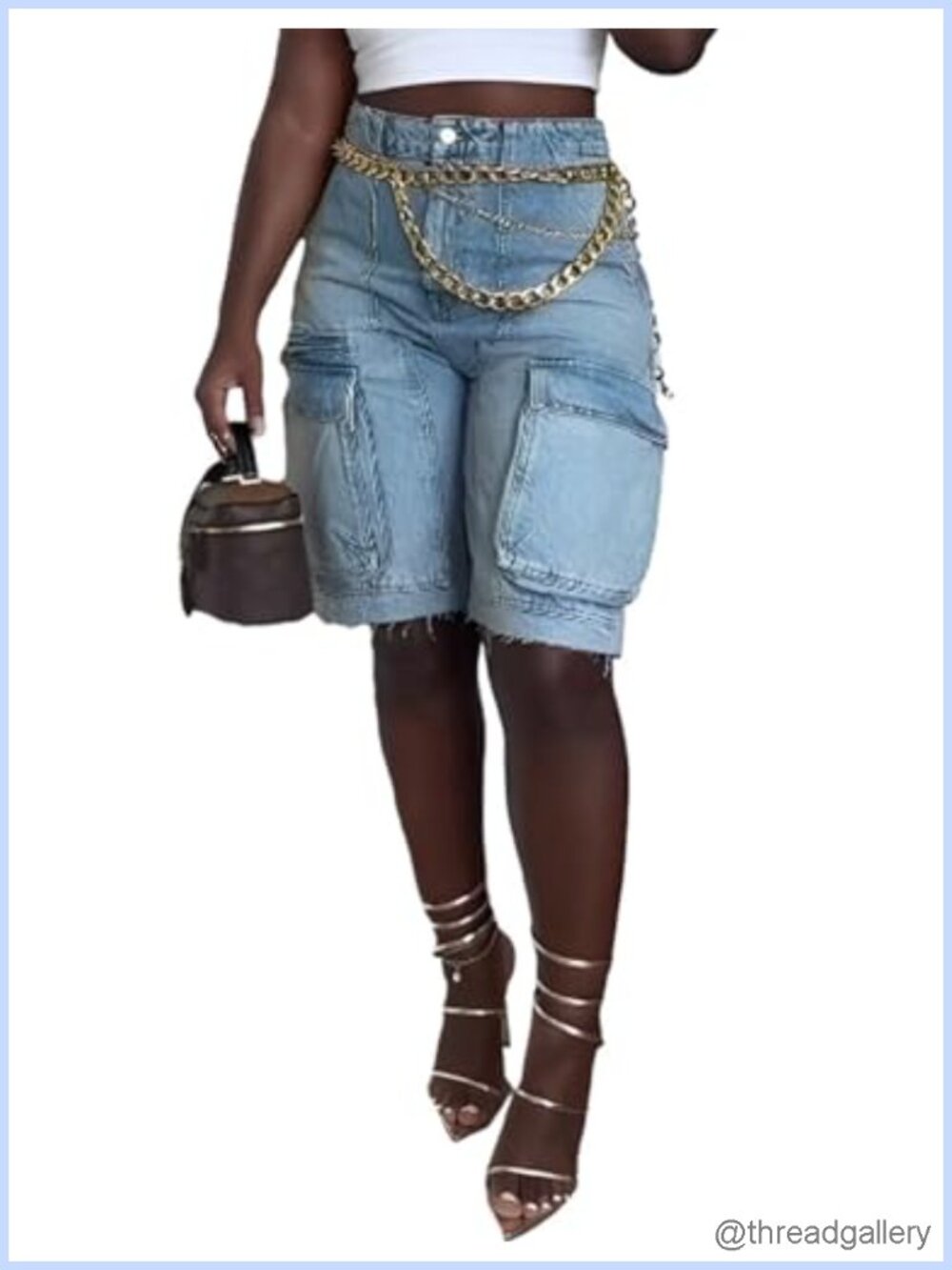 Women's Denim Cargo Shorts High Waisted Long Jean Shorts with Pockets